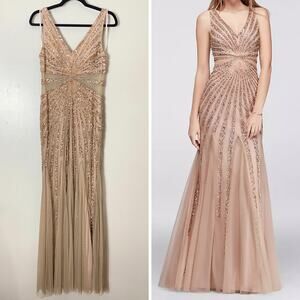 ADRIANNA PAPELL DRESS 8 SEQUIN BEADED TAN SUNBURST MESH MERMAID GODETS LONG GOWN